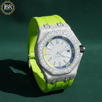 Parrot green silicone straps moissanite bust down diamond watch with fully iced-out dial and bold luxury hip hop style for men.