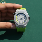 Parrot green silicone straps moissanite bust down diamond watch with fully iced-out dial and bold luxury hip hop style for men.