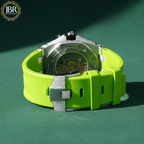 Parrot green silicone straps moissanite bust down diamond watch with fully iced-out dial and bold luxury hip hop style for men.