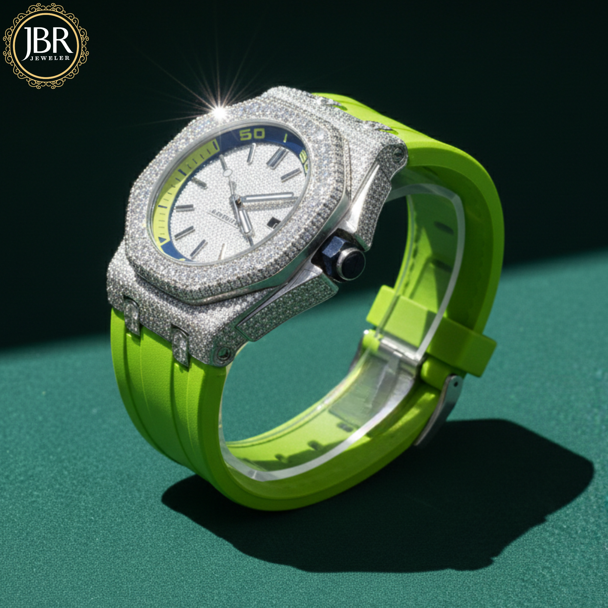Parrot green silicone straps moissanite bust down diamond watch with fully iced-out dial and bold luxury hip hop style for men.