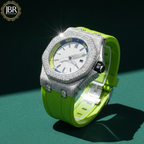Parrot green silicone straps moissanite bust down diamond watch with fully iced-out dial and bold luxury hip hop style for men.
