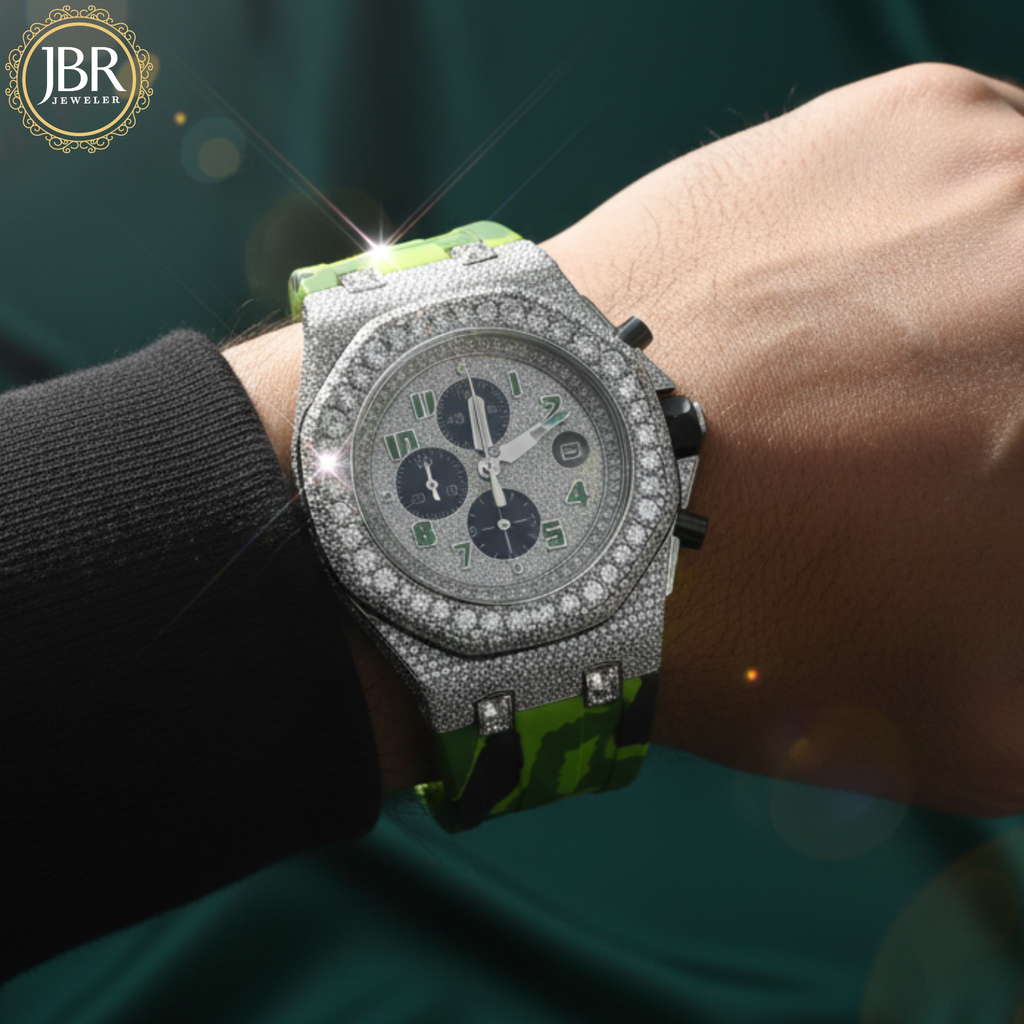 Parrot Green Silicone Army Belt Hip Hop Bling Iced Out Watch