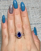 Pear Blue sapphire wedding halo 3.45ctw 14k white gold ring - JBR Jeweler