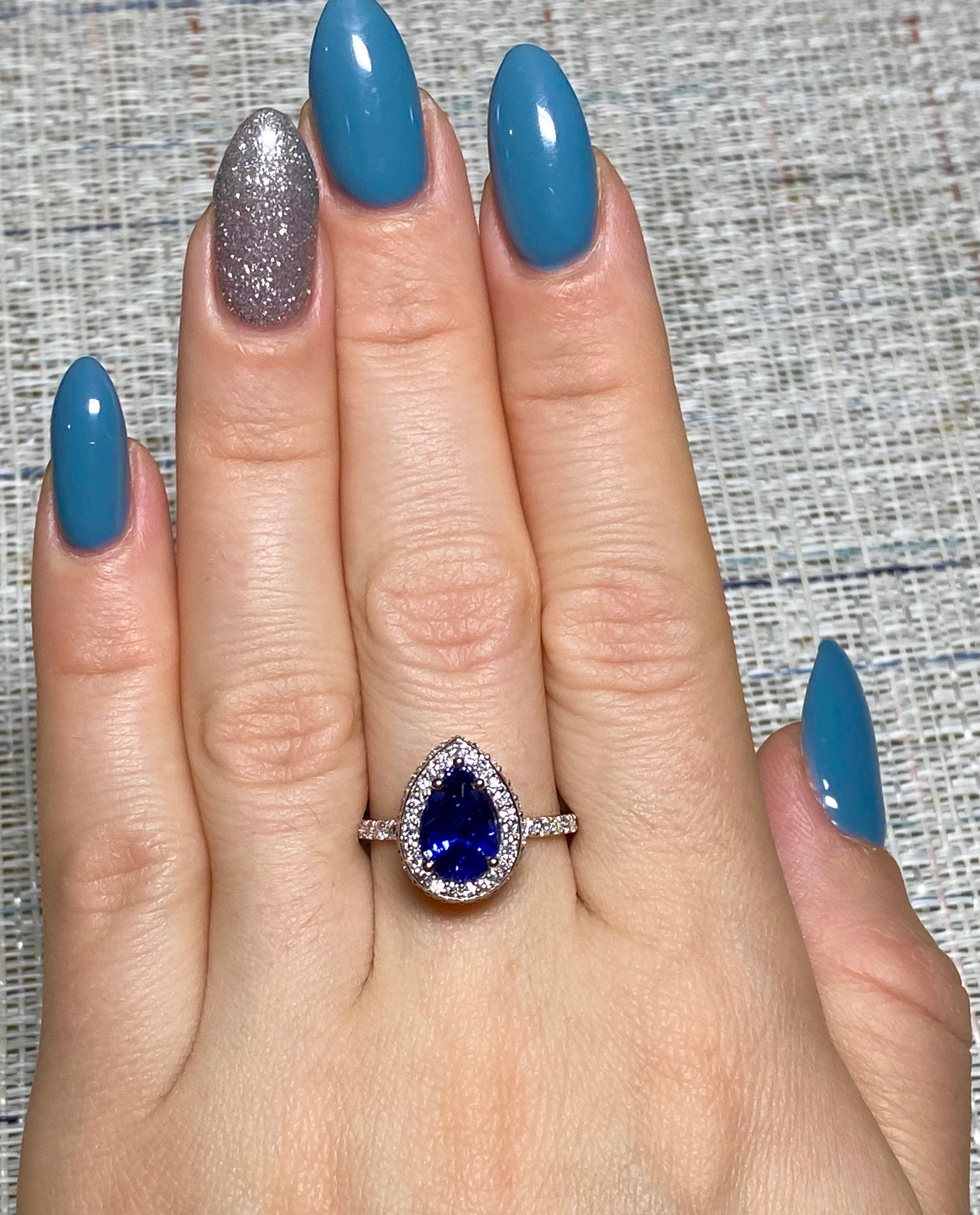 Pear Blue sapphire wedding halo 3.45ctw 14k white gold ring - JBR Jeweler