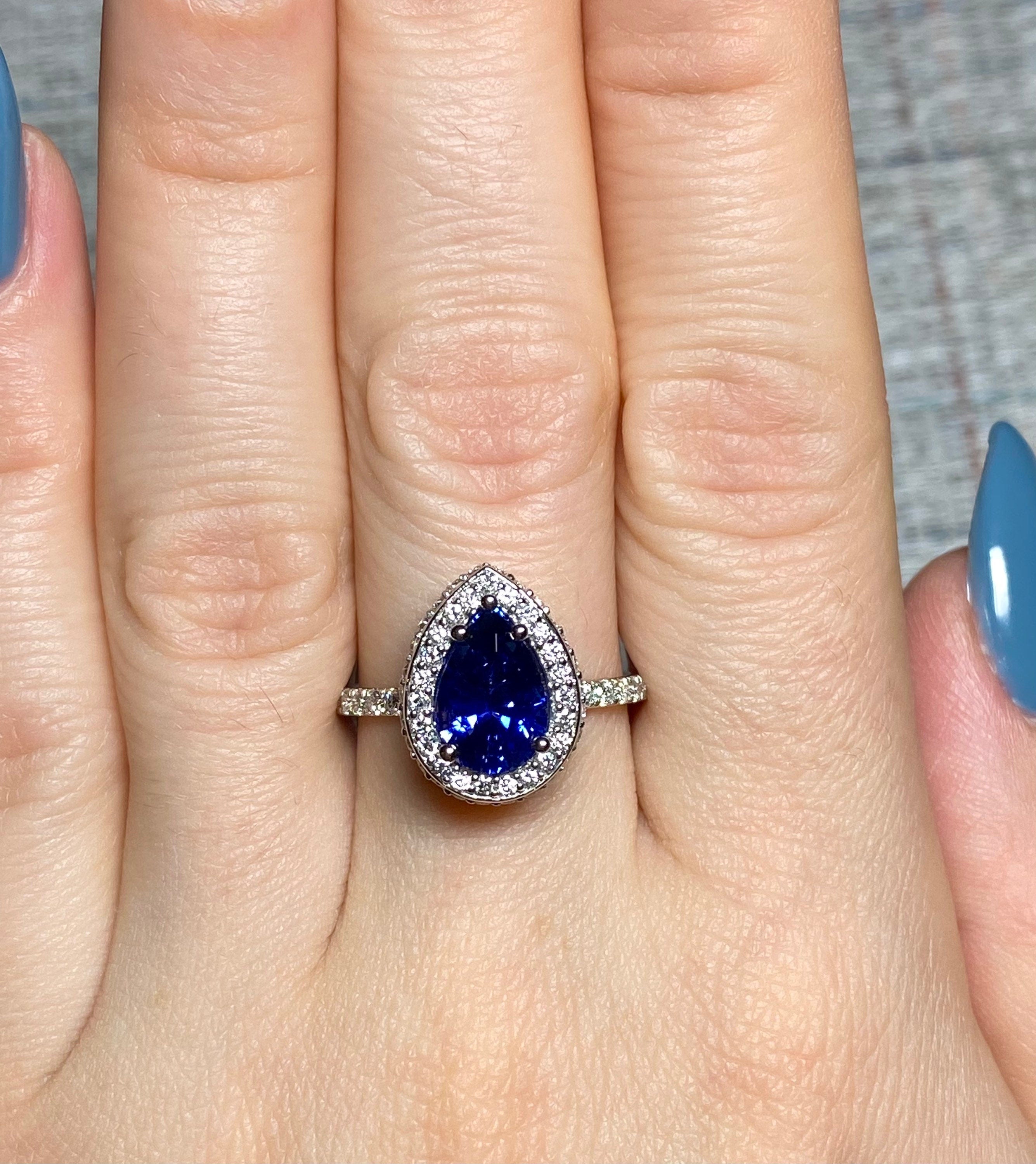 Pear Blue sapphire wedding halo 3.45ctw 14k white gold ring - JBR Jeweler