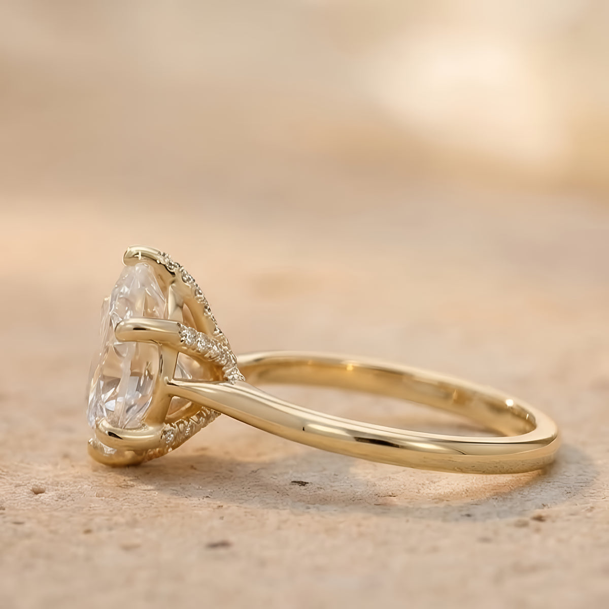 Conflict-free pear moissanite ring side profile view