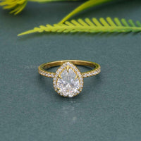 Pear Cut Halo Moissanite Diamond Engagement Ring