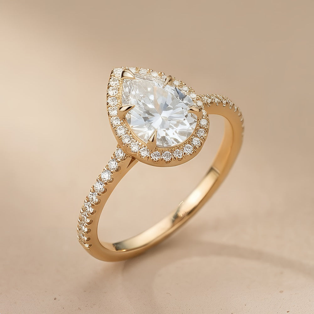 Moissanite Bridal Ring Pear Shape Hidden Halo