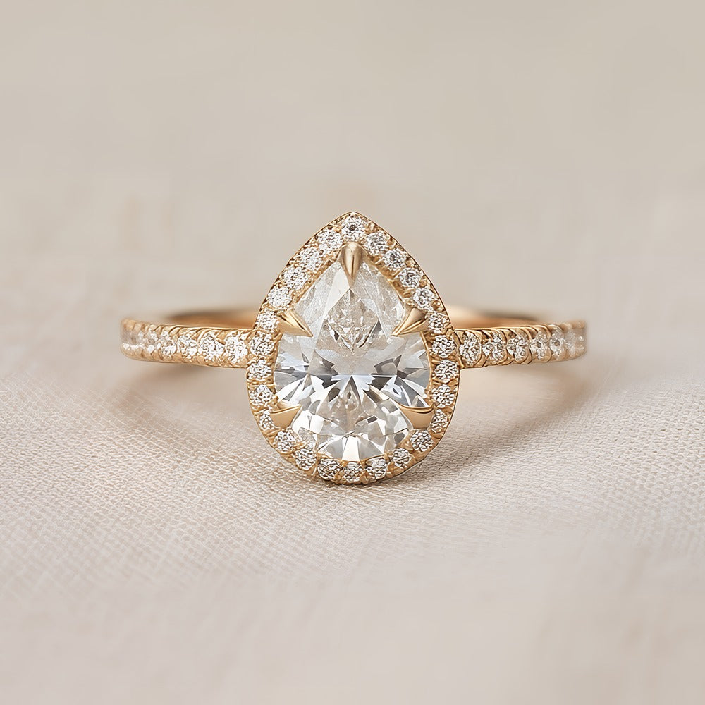Moissanite Pear Cut Bridal Ring with Hidden Halo Setting