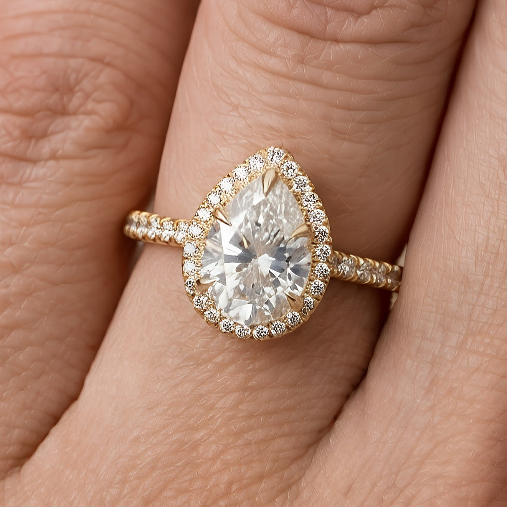 Moissanite Pear Diamond Bridal Ring Hidden Halo Close Up