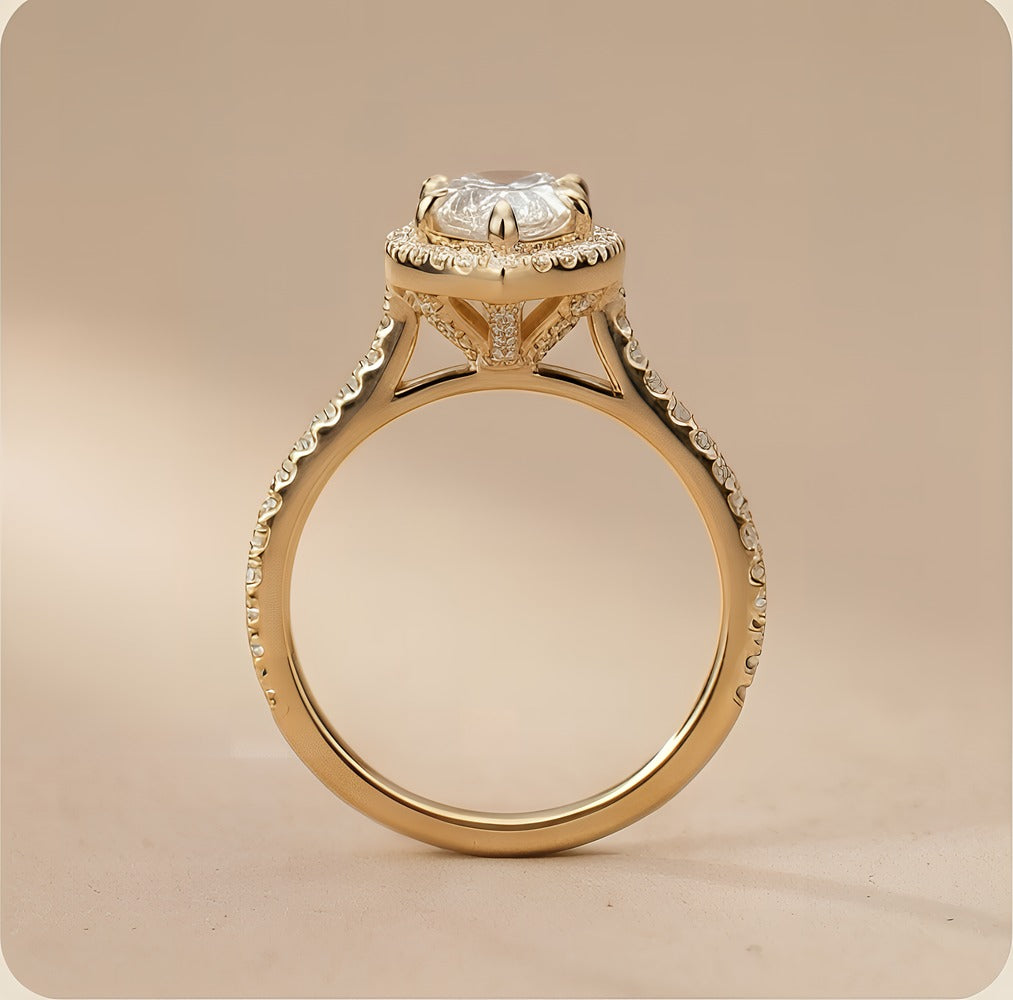 Pear Cut Moissanite Bridal Ring with Sparkling Hidden Halo