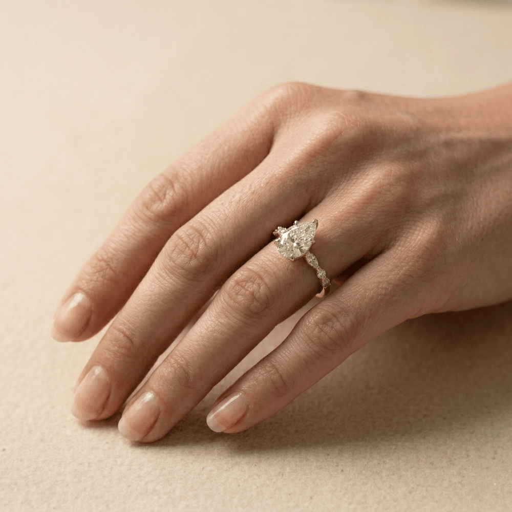 Lab grown pear diamond engagement ring for bride