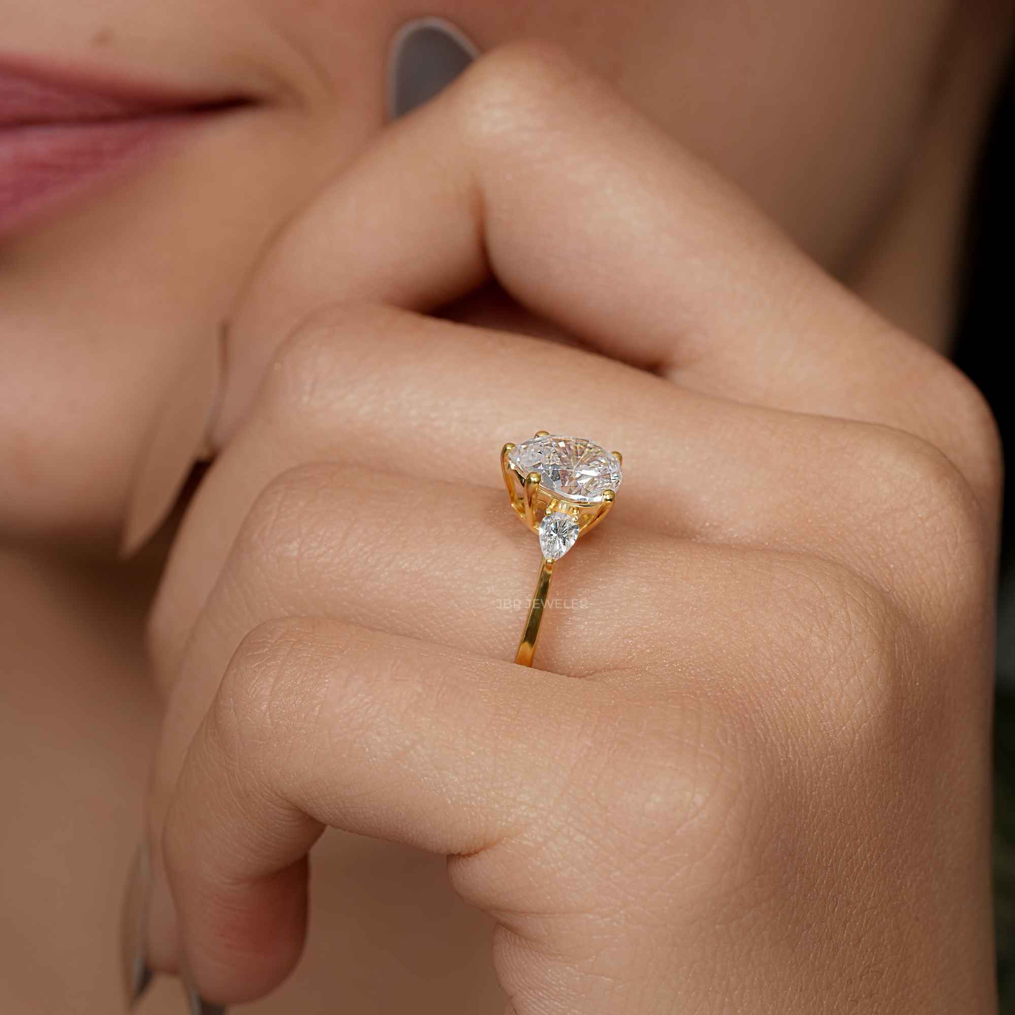 Three Stone Pear Cut Lab Gown Diamond Ring With Pear Side Stone - JBR Jeweler