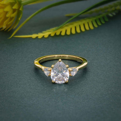 Three Stone Pear Moissanite Engagement Ring With Pear Side Stone