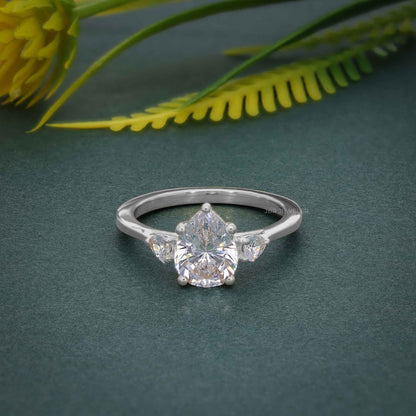 Three Stone Pear Cut Lab Gown Diamond Ring With Pear Side Stone