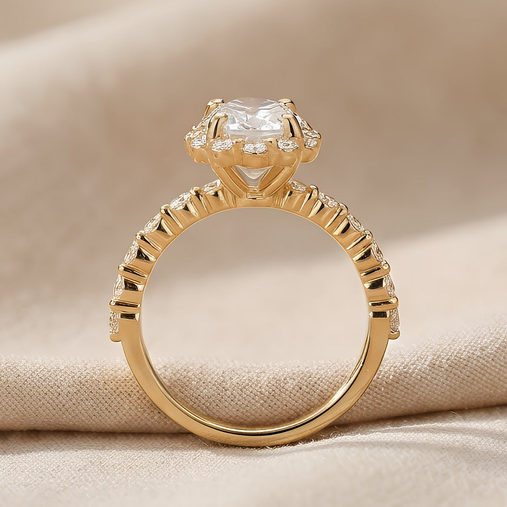 Close up of shared prong pear cut diamond