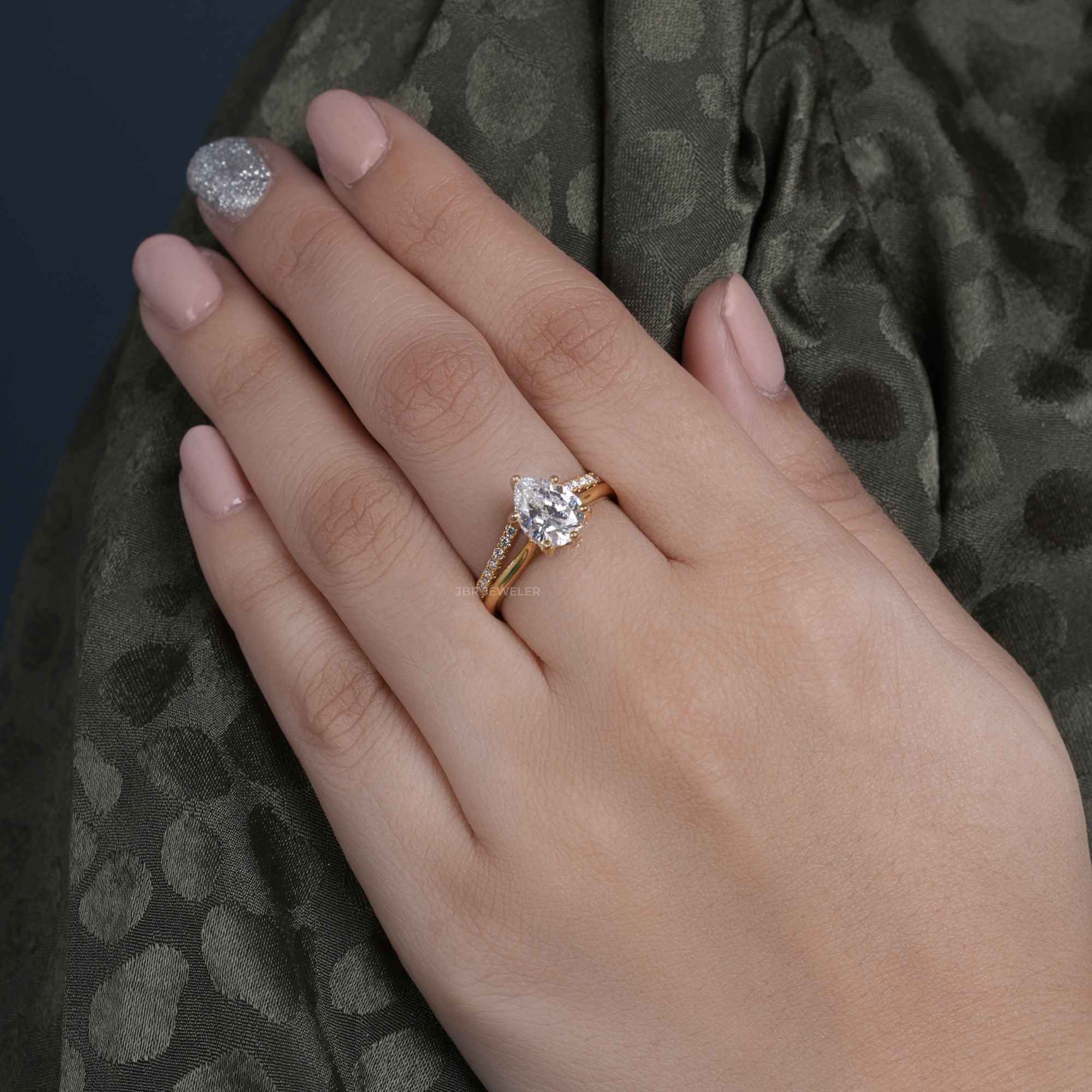 Pear Moissanite Solitaire Cathedral Engagement Ring Set With Stacking Band