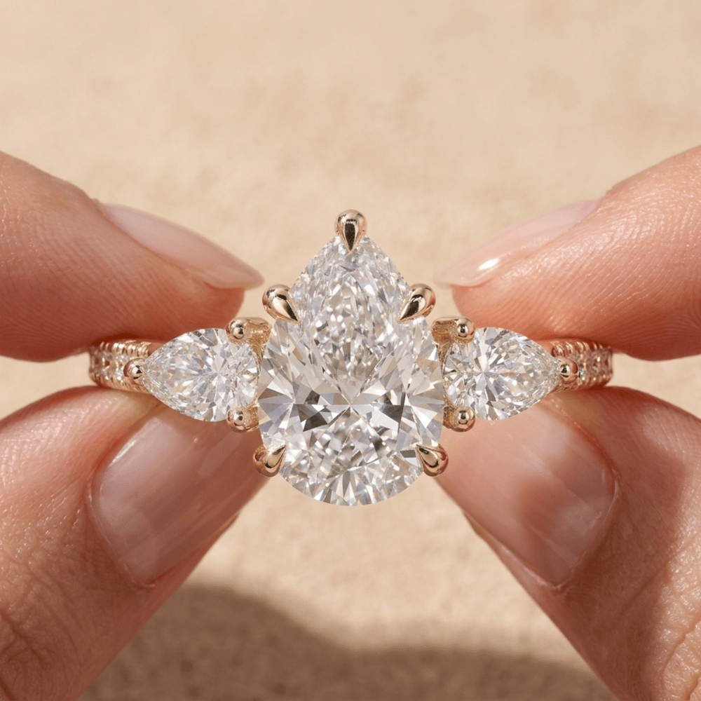 Pear cut lab diamond three stone engagement ring for women
