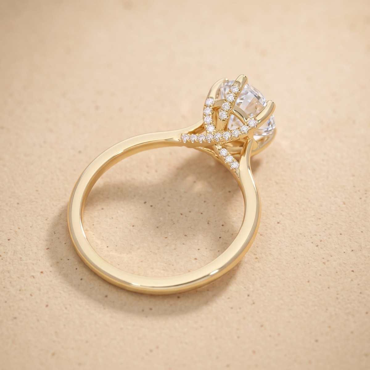 Side view of pear cathedral ring showing hidden halo detail