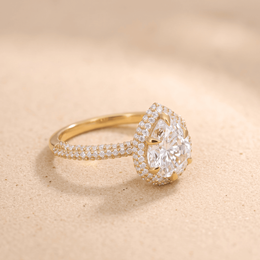 Pear cut lab diamond ring side profile detail