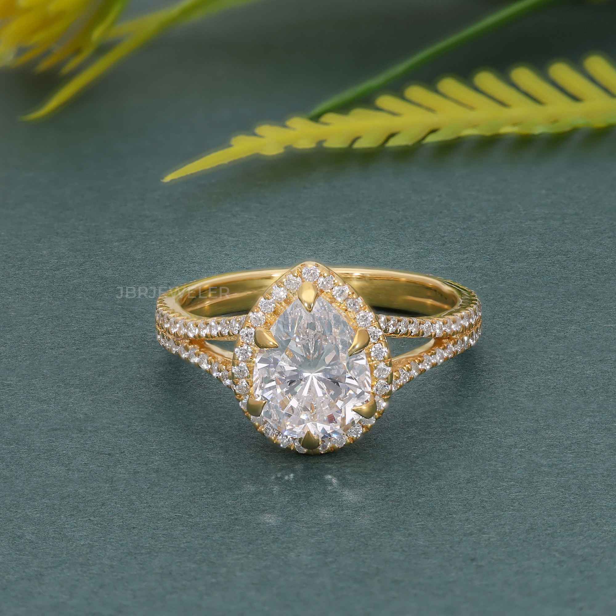 Pear Laboratory Diamond Split Shank Halo Engagement Ring