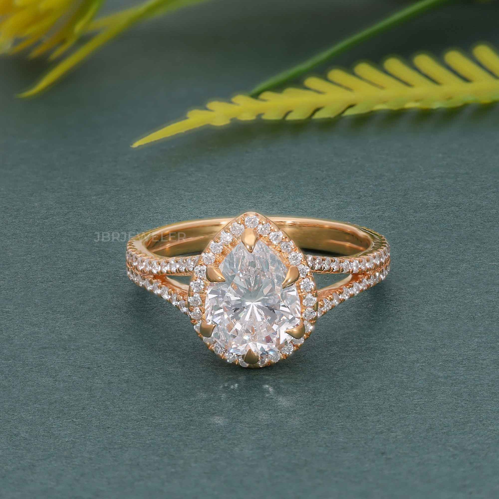 Pear Moissanite Diamond Split Shank Halo Engagement Ring - JBR Jeweler
