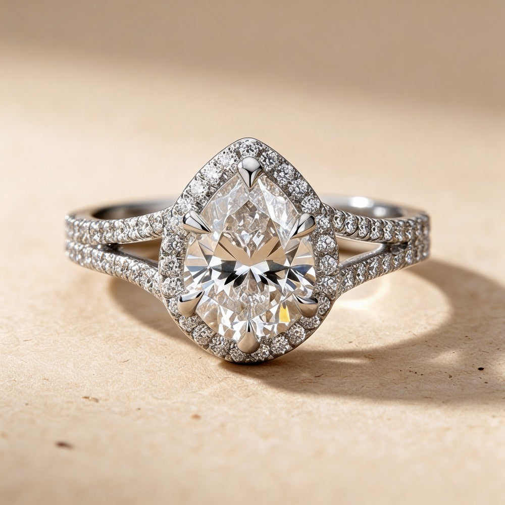 Pear moissanite hidden halo engagement ring front view