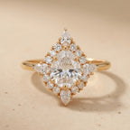 Pear filigree halo moissanite ring floral design