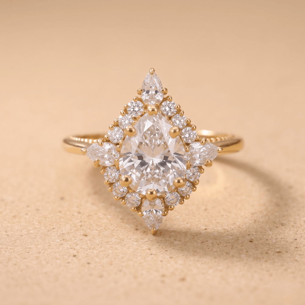 Pear cut moissanite ring round halo front view