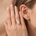 Pear moissanite ring on model's hand lifestyle shot