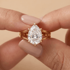 Pear moissanite ring on model's hand lifestyle shot