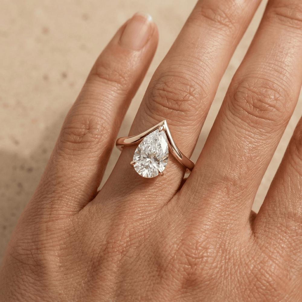 Pear solitaire lab diamond wedding ring close up