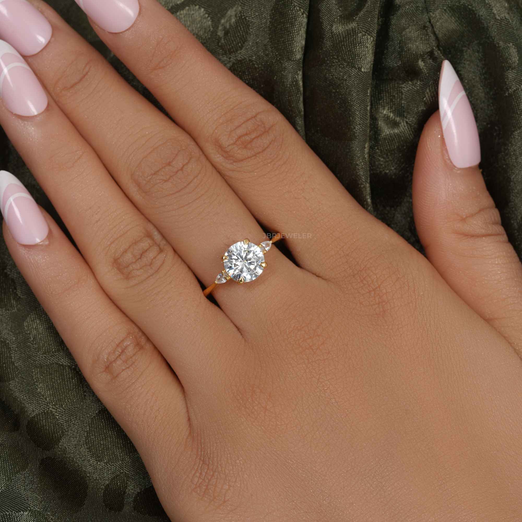 Perfect Fit Three Stone Round Cut Moissanite Diamond Ring With Side Pear - JBR Jeweler