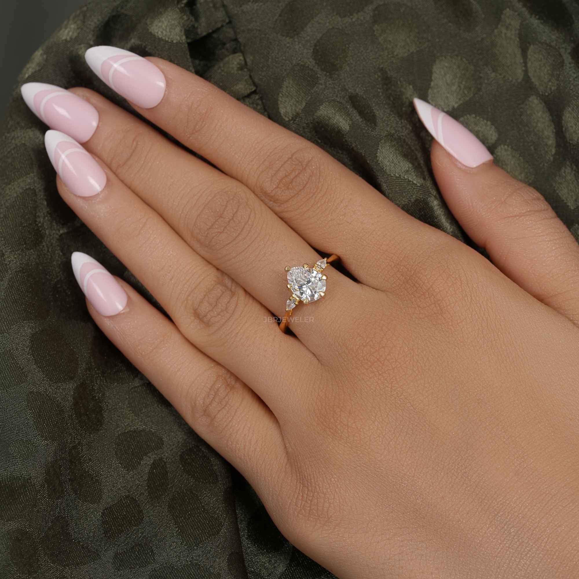 Perfect Fit Three Stone Pear Moissanite Diamond Ring With Side Stone - JBR Jeweler