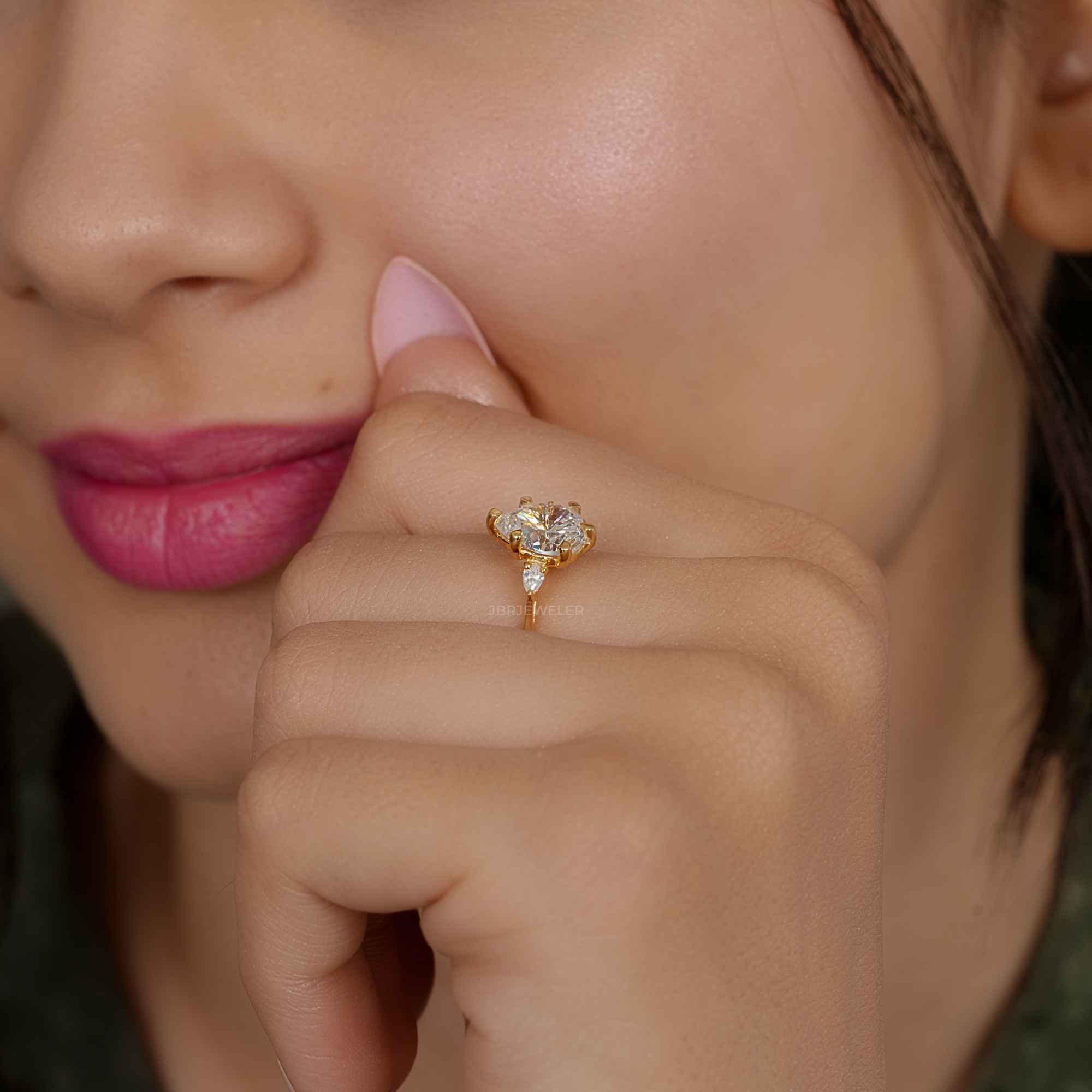 Perfect Fit Three Stone Pear Lab Diamond Ring With Side Stone - JBR Jeweler