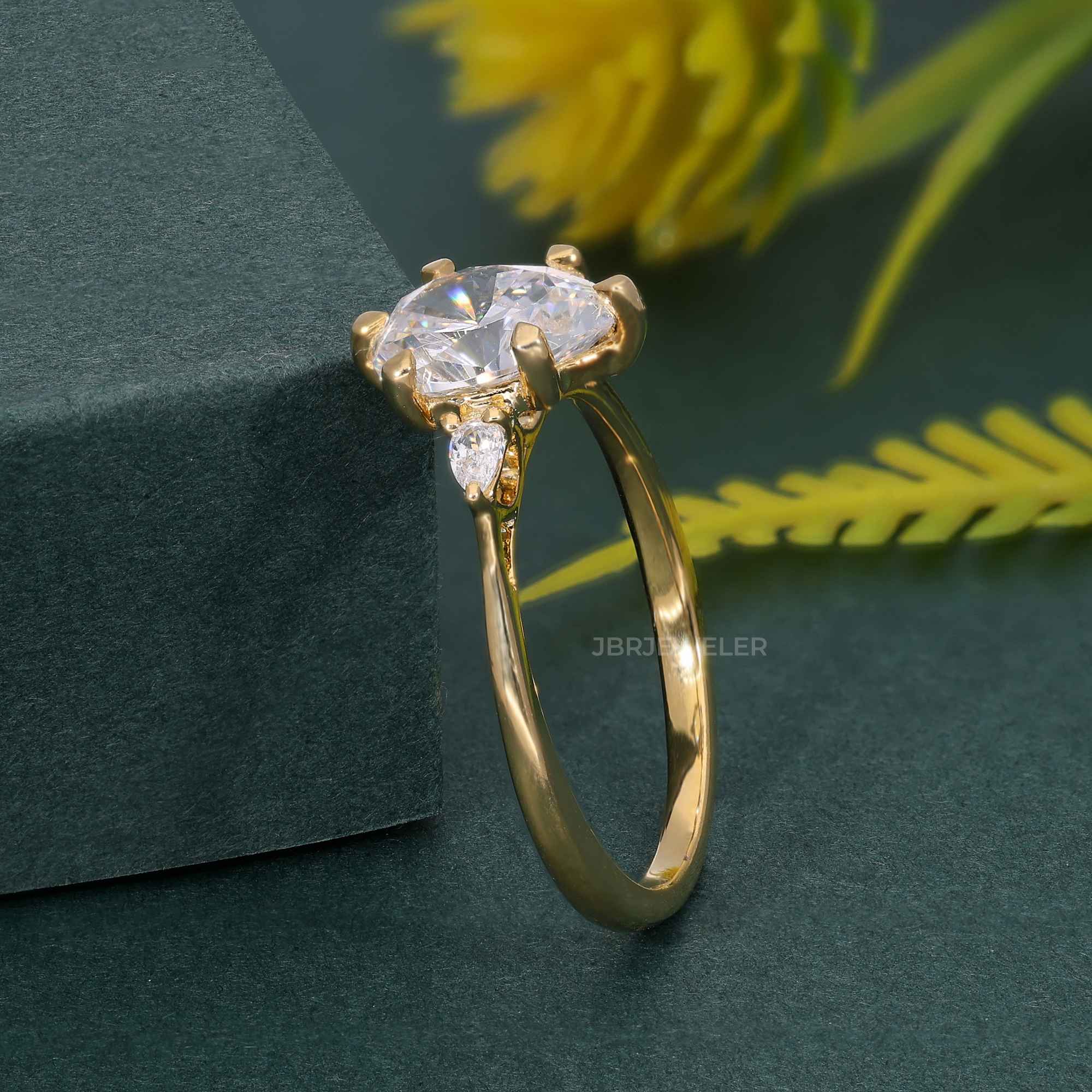 Perfect Fit Three Stone Pear Lab Diamond Ring With Side Stone - JBR Jeweler