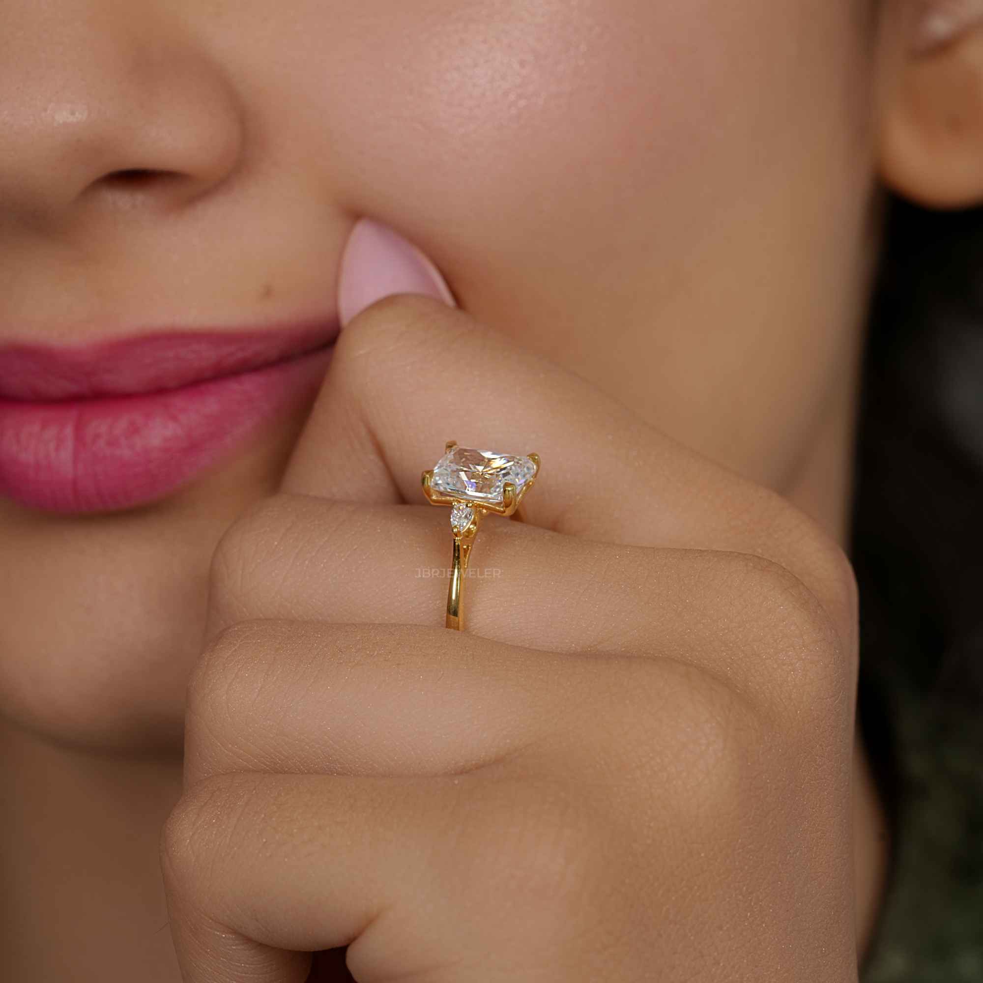 Perfect Fit Three Stone Radiant Lab Diamond Ring With Side Pear - JBR Jeweler