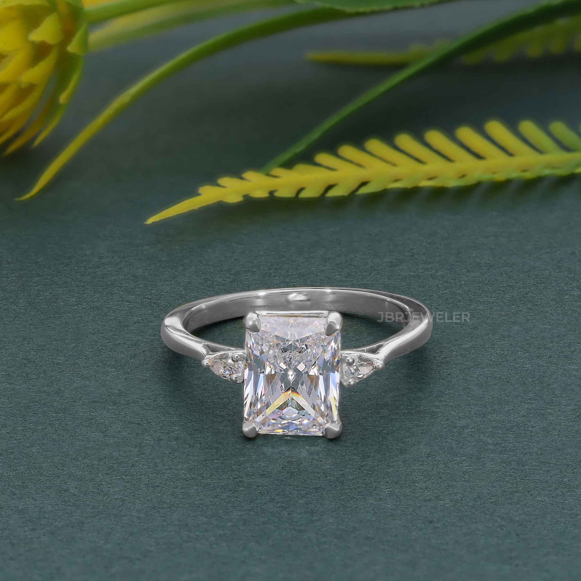 Perfect Fit Three Stone Radiant Moissanite Diamond Ring With Side Pear - JBR Jeweler