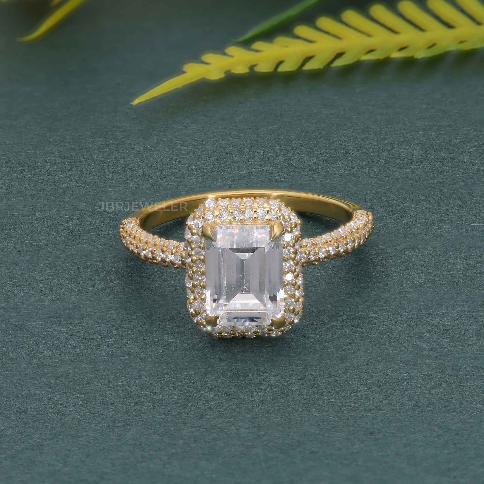 Petite Micro Pave Emerald Moissanite Diamond Halo Engagement Ring - JBR Jeweler