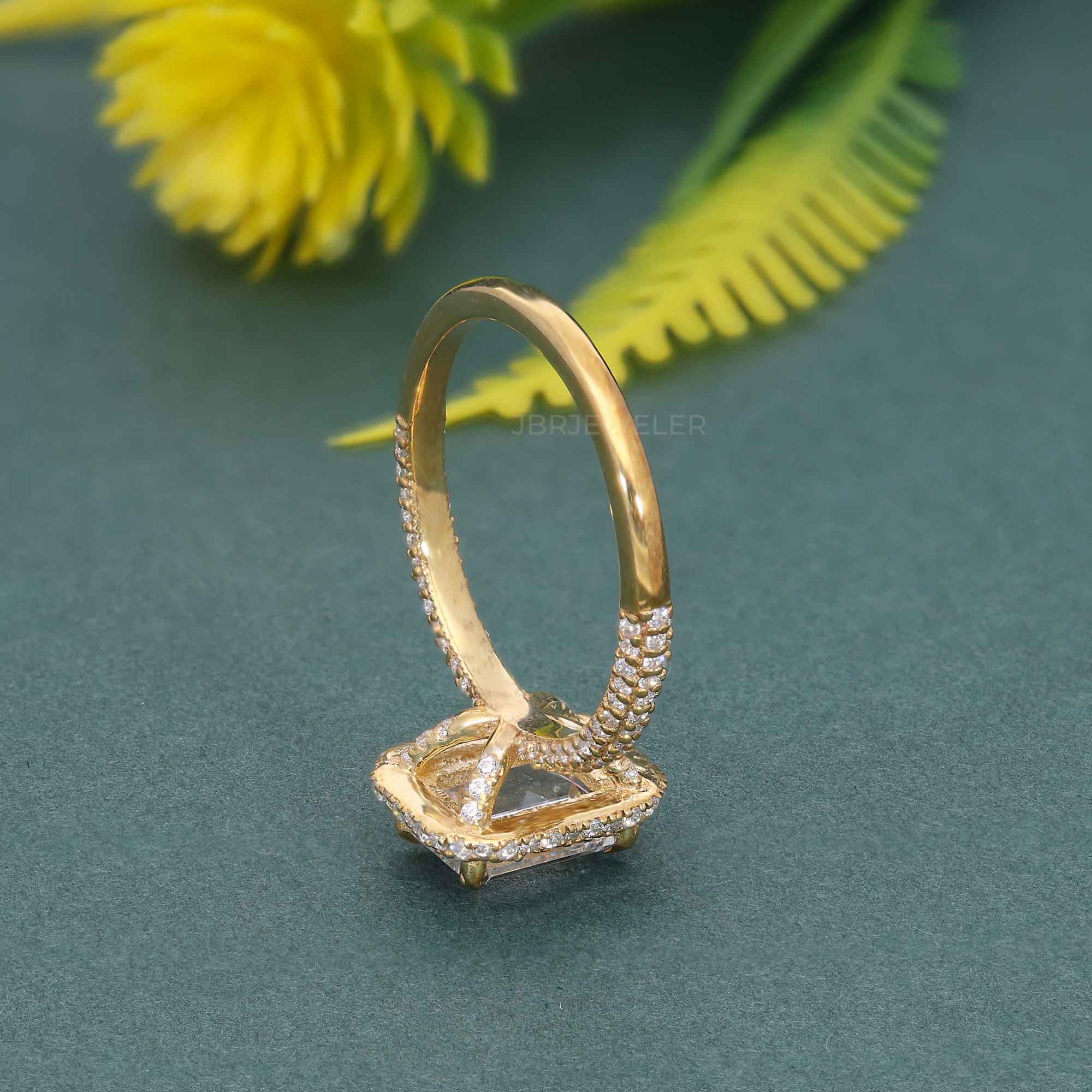 Petite Micro Pave Emerald Laboratory Diamond Halo Engagement Ring - JBR Jeweler