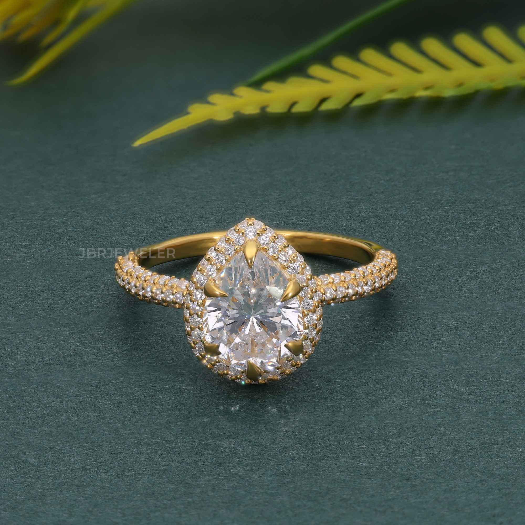 Petite Micro Pave Pear Moissaniteoratory Diamond Halo Engagement Ring - JBR Jeweler