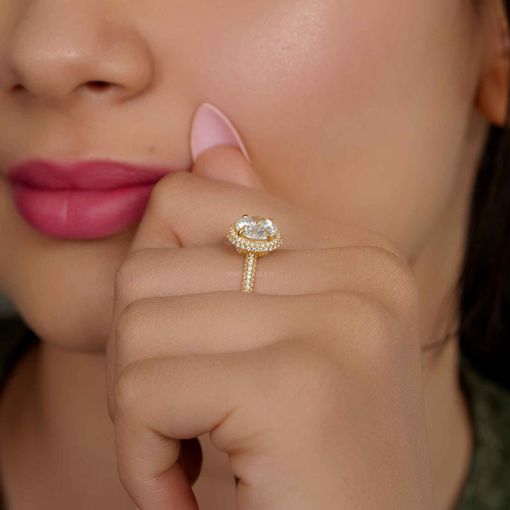 Petite Micro Pave Round Moissanite Diamond Halo Engagement Ring - JBR Jeweler