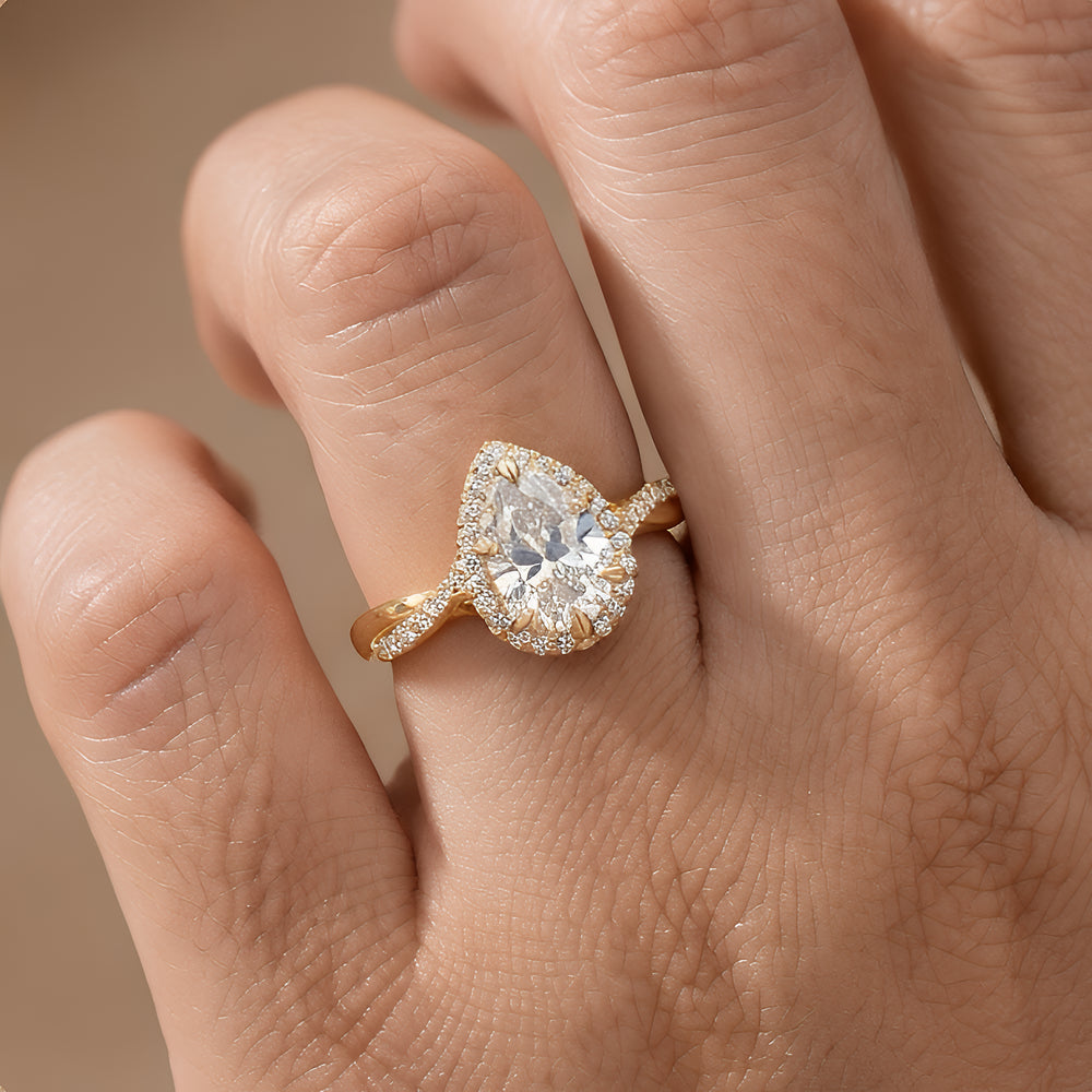 Lab Grown Pear Diamond Ring Twisted Halo Close Up