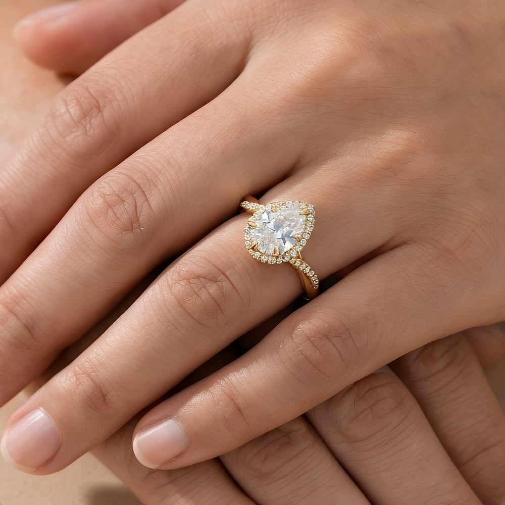 Petite Pear Lab Grown Diamond Ring Twisted Halo Design