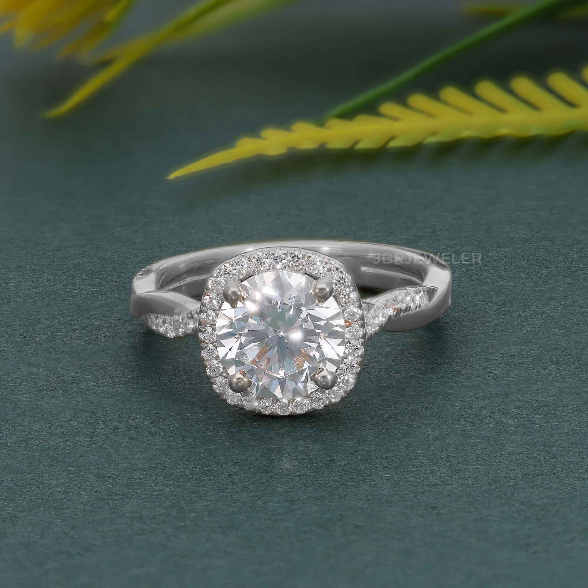 Petite Twisted Halo Round Moissanite Diamond Engagement Ring - JBR Jeweler