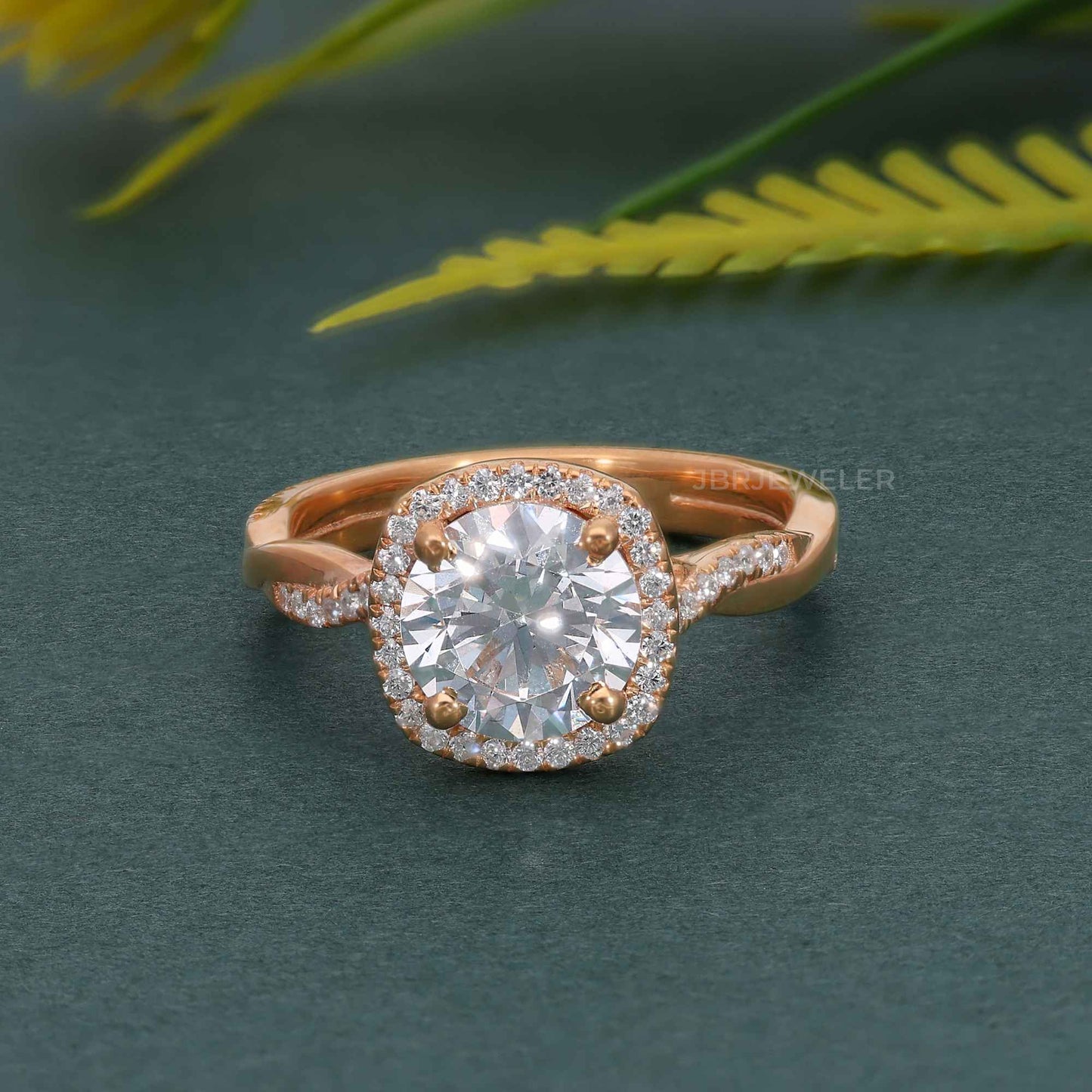 Petite Twisted Halo Round Moissanite Diamond Engagement Ring