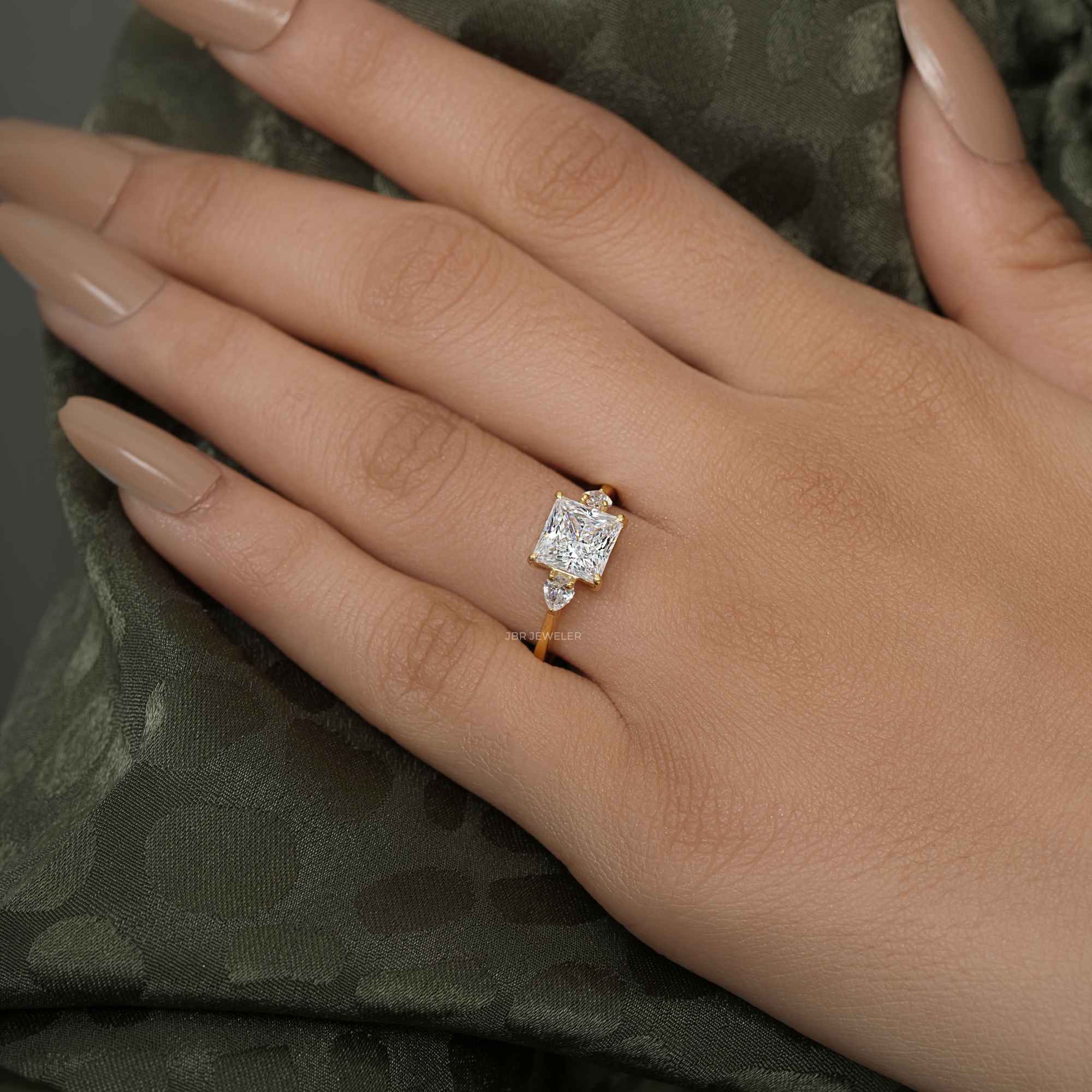 Three Stone Princess Moissanite Engagement Ring With Pear Side Stone - JBR Jeweler