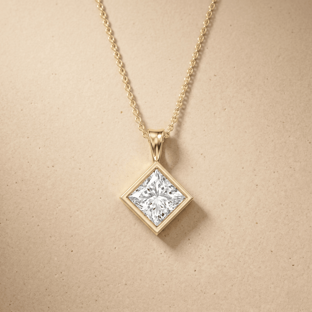 Princess Cut Lab Diamond Pendant Necklace 14k Yellow Gold