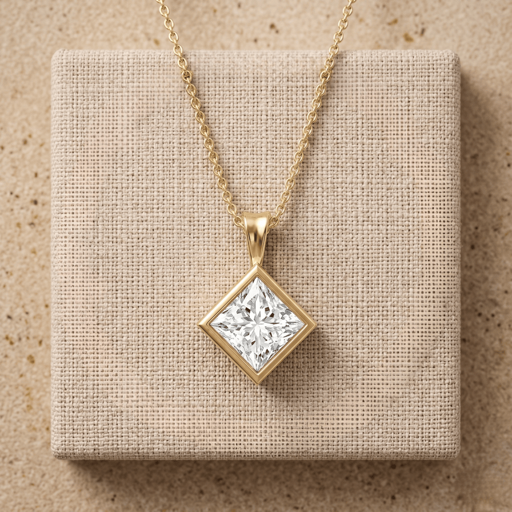 Princess Cut Lab Diamond Pendant Necklace 14k Yellow Gold