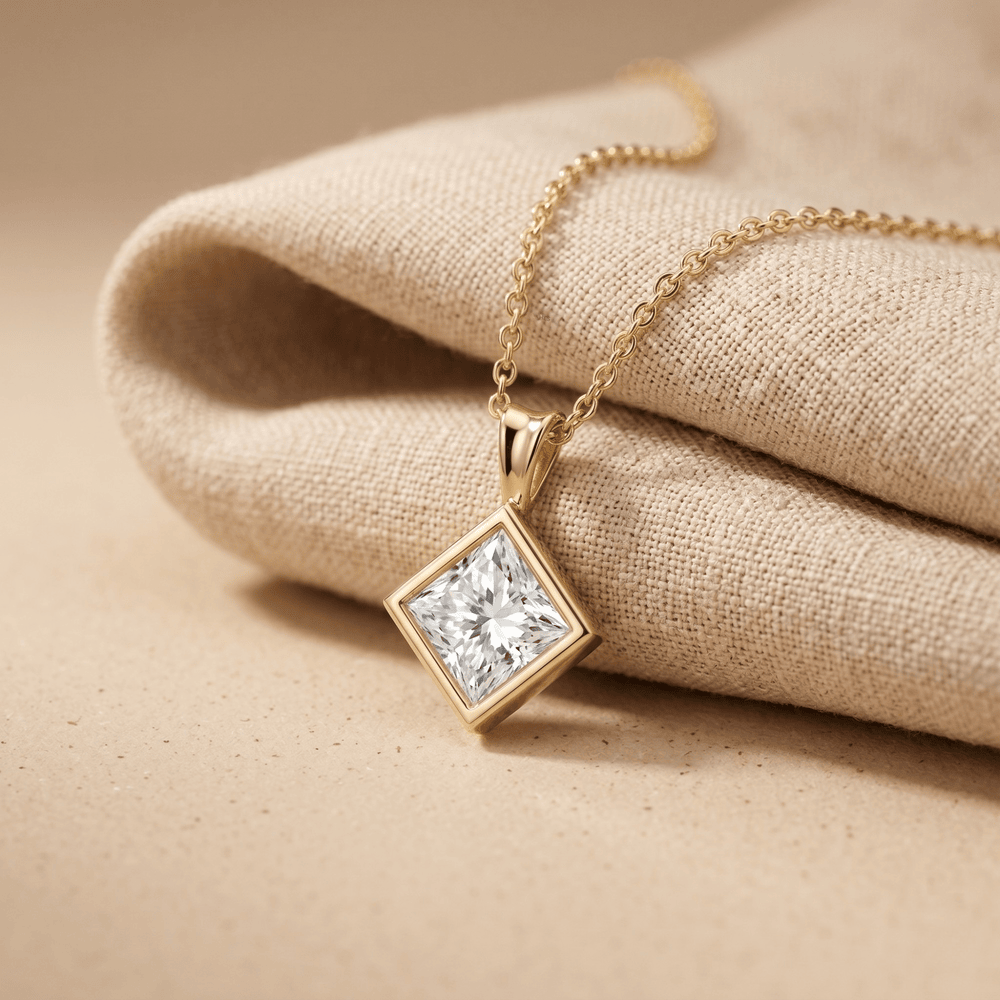 Princess Cut Lab Diamond Pendant Necklace 14k Yellow Gold